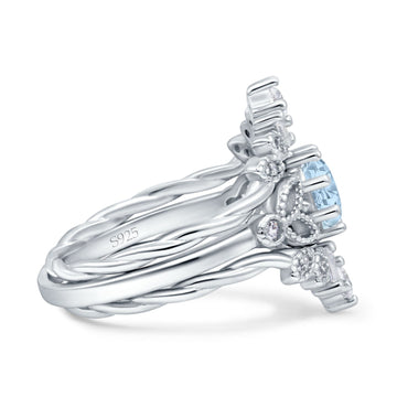 Art Deco Three Piece Wedding Bridal Set Ring Round Simulated Aquamarine CZ 925 Sterling Silver